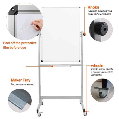 XIWODE 24x36 Inch Magnetic Double-Sided Mobile Whiteboard with Wheels, Adjustable Height, Flip & Rotate Design, Durable Square Tube Frame, for Office, Classroom, Home, and Presentations