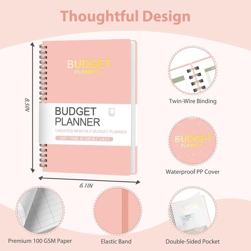 Budget Planner | A5 Monthly Expense Tracker Notebook - Financial Organizer with Pockets & Stickers - Pink
