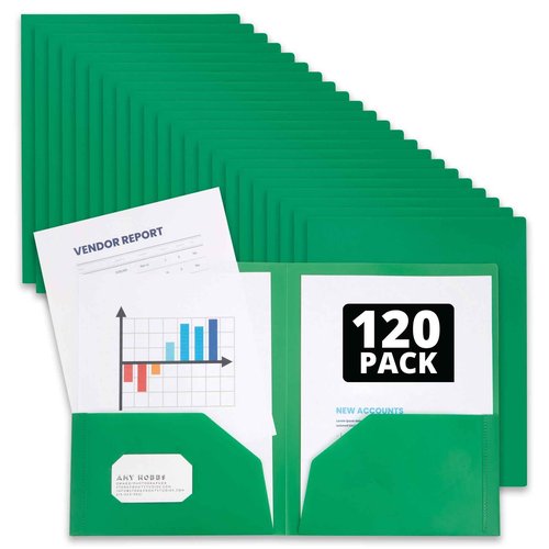Blue Summit Supplies Plastic Folders with Pockets Bulk, 2 Pocket Folders Bulk 120 Pack, Green Folder
