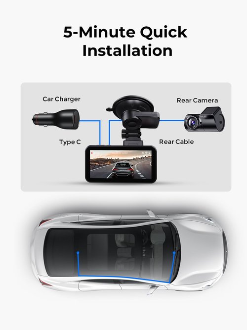 COOLCRAZY Dash Cam Front Rear: 4K+1080P Full HD Dashcam Free 64GB Card, with 5G WiFi GPS, Dual Dash Camera for Cars with 3" IPS Screen, Night Vision, HDR, App Control, 24H Parking Mode, Loop Record