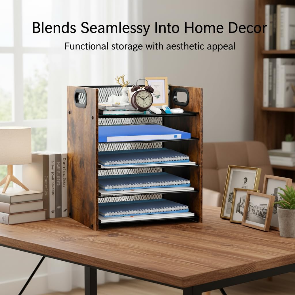 Boershun Desk Organizer - 5-Tier Desktop File Organizer, Wooden Paper Tray Organizer, Office Desk Organzier and Accessories for Papers, Mail, Notebooks, Stationery