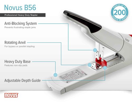 Novus B56 Heavy Duty Stapler, 200 Sheet Capacity, Anti-Jam, 3" Stapling Depth w/ Adjustable Guide, Staple Bypass, German Engineered (023-0059)