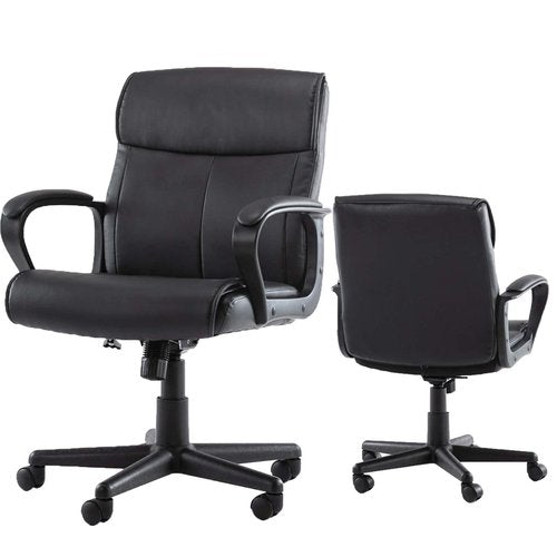 MCQ Mid Back Office Chair Swivel Executive Chair with Armrests, Leather-Padded Ergonomic Chair with Lumbar Support, PU Leather Computer Chair for Adults, Dark Black, Small Size