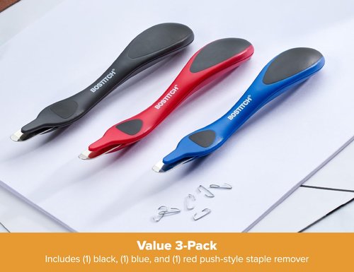 Bostitch Office Professional Magnetic Easy Staple Remover Tool - Staple Puller Stick for Office Home & School - 3 Pack - Black, Blue, and Red