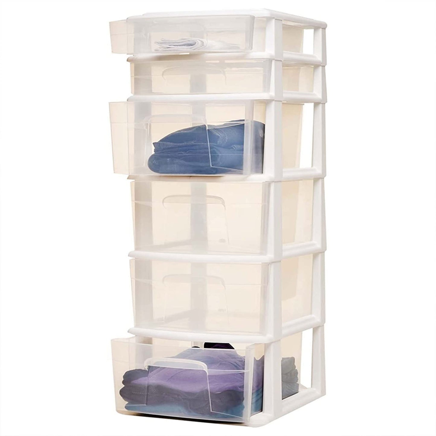 HOMZ 1-Pack Drawer Tower, 6-Tier Clear Plastic Storage Organizer Cart, White Frame - Heavy-Duty Organizing Drawers for Home, Bedroom, and Closet Organization