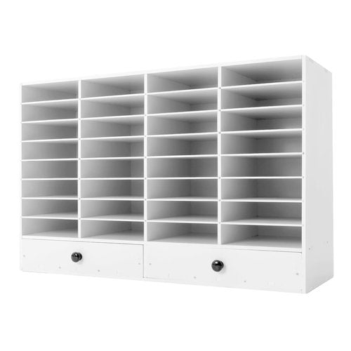 PERFERATE 32 Slots Literature Organizer Office Mailbox with Adjustable Shelves and 2 Drawers PVC Literature Storage Desktop File Sorter Cabinet Office Mailbox Classroom Keeper (White)