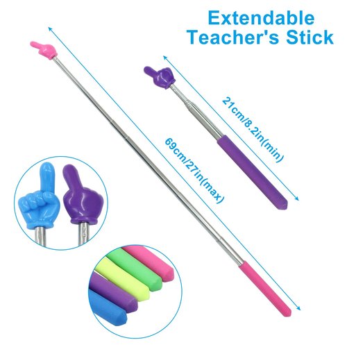 Zorveiio 5 Pcs Retractable Teacher Pointer, Extendable Finger Pointer Stick Colorful Hand Pointing Stick, Student Finger Pointing Tools for Classroom, Reading (Blue,Purple,Yellow,Green,Pink)
