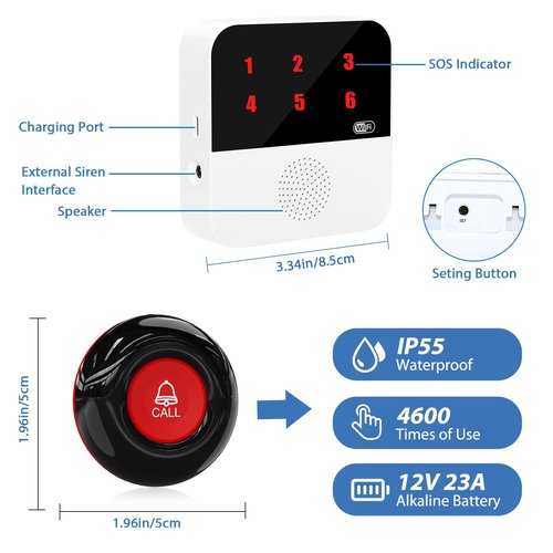 WiFi Smart Wireless Caregiver Pagers for Elderly Alert Button That Calls Cell Phone Caregiver Alert System with LED Number Display 2 SOS Call Button 1 Receiver(Only Supports 2.4GHz & No Monthly Fee)