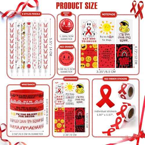 Epakh 788 Pcs/48 Sets Red Ribbon Week Awareness Supplies for Student Teacher Say No to Drugs Mechanical Pencil Notepad Bookmark Eraser Bracelets Sticker Bouncy Ball for School Educational Charity