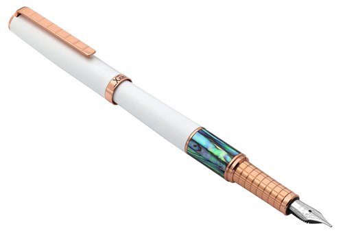 Xezo Speed Master Fountain Pen, Medium Nib. Matte White Color with Pāua Abalone Sea Shell. Rose Gold Plated. Lightweight Brass Body. No Two Alike. Etched With a Serial Number