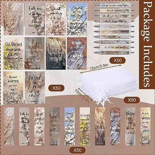 Yeaqee 200 Pcs Christian Gifts Set Church Favors Include 50 Bible Verses Bookmarks Book Markers 50 Ballpoint Pens 50 Bible Notebooks 50 Organza Bags Christian Gifts Bulk for Women