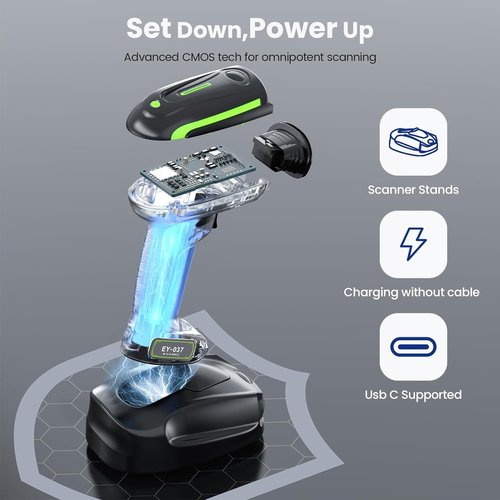 Eyoyo 2D QR Industrial Barcode Scanner with Wireless Charging Stand, Rugged Heavy Duty & IP65 Waterproof 3-in-1 Bluetooth & Wireless & USB Hands-Free Barcode Reader for Laptop Desktop Tablet Android