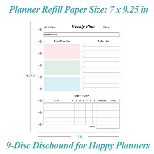 9 Disc Weekly Planner Refills - Classic Size 53 Sheets/106 Pages Colorful Weekly Planner for Happy Planners Insert, 100 gsm White Paper, Lasts 1 Year, Undated, 7" x 9.25"