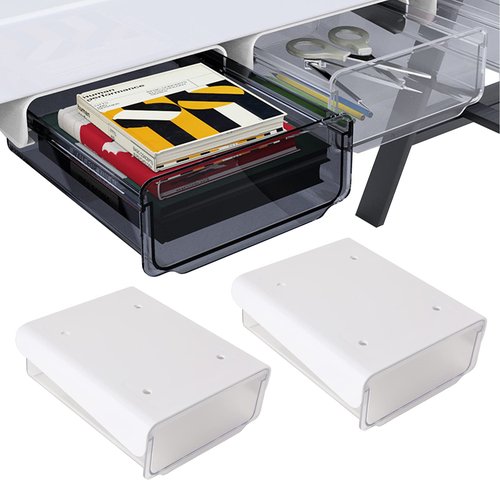 Self-adhesive Under Desk Drawer, 2 Packs Table Hidden Organizer Slide Out Large Storage Desktop Pencil Tray for Office Home School Kitchen (White), Matte White