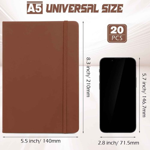 Honoson 20 Pack Lined Journal Notebooks A5 Hardcover Executive Notebook 5.5" x 8.3" PU Leather Wide Ruled Journals Bulk with Elastic Band for Home Business Office School Supplies(Brown)