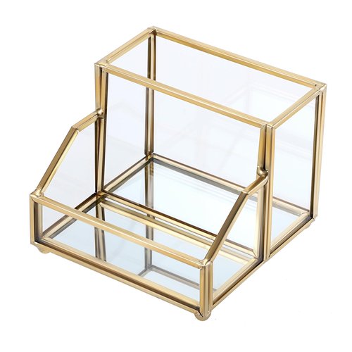 Hipiwe Glass Business Card Holder Stand with Pen/Pencil Organizer Gold Business Name Cards Display Holder for Home Office Desktop Countertop, 2 Slots