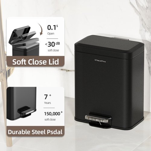 Small Bathroom Trash Can with Lid Soft Close, Stainless Steel Small Garbage Can with Removable Inner Bucket, Step Pedal, Trash Bins for Kitchen, Office, Bedroom, Dorm, Black (6L/1.6Gal)