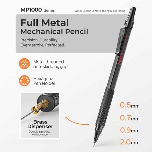 Nicpro 45PCS Black & Silver Metal Mechanical Pencil Set in Leather Case, Art Drafting Pencil 0.5, 0.7, 0.9 mm, 2mm Lead Holders for Sketching Drawing With 27 Tube (6B 4B 2B HB 2H 4H Colors)Lead Refill