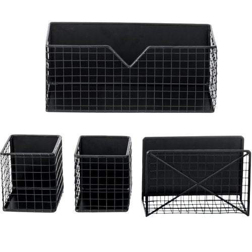 MyGift Magnetic Office Supplies Storage Organizer Baskets, Industrial Matte Black Metal Wire Mesh Mail Slot, File Holder, and Marker Pen Pencil Cups, 4 Piece Set