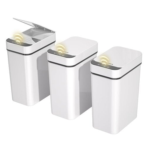 FRESHLIX 3 Pack Bathroom Trash Can 2.6 Gallon Small Touchless Automatic Motion Sensor Trash Cans Slim Waterproof Garbage Bin with Lid for Kitchen, Office, Bedroom White