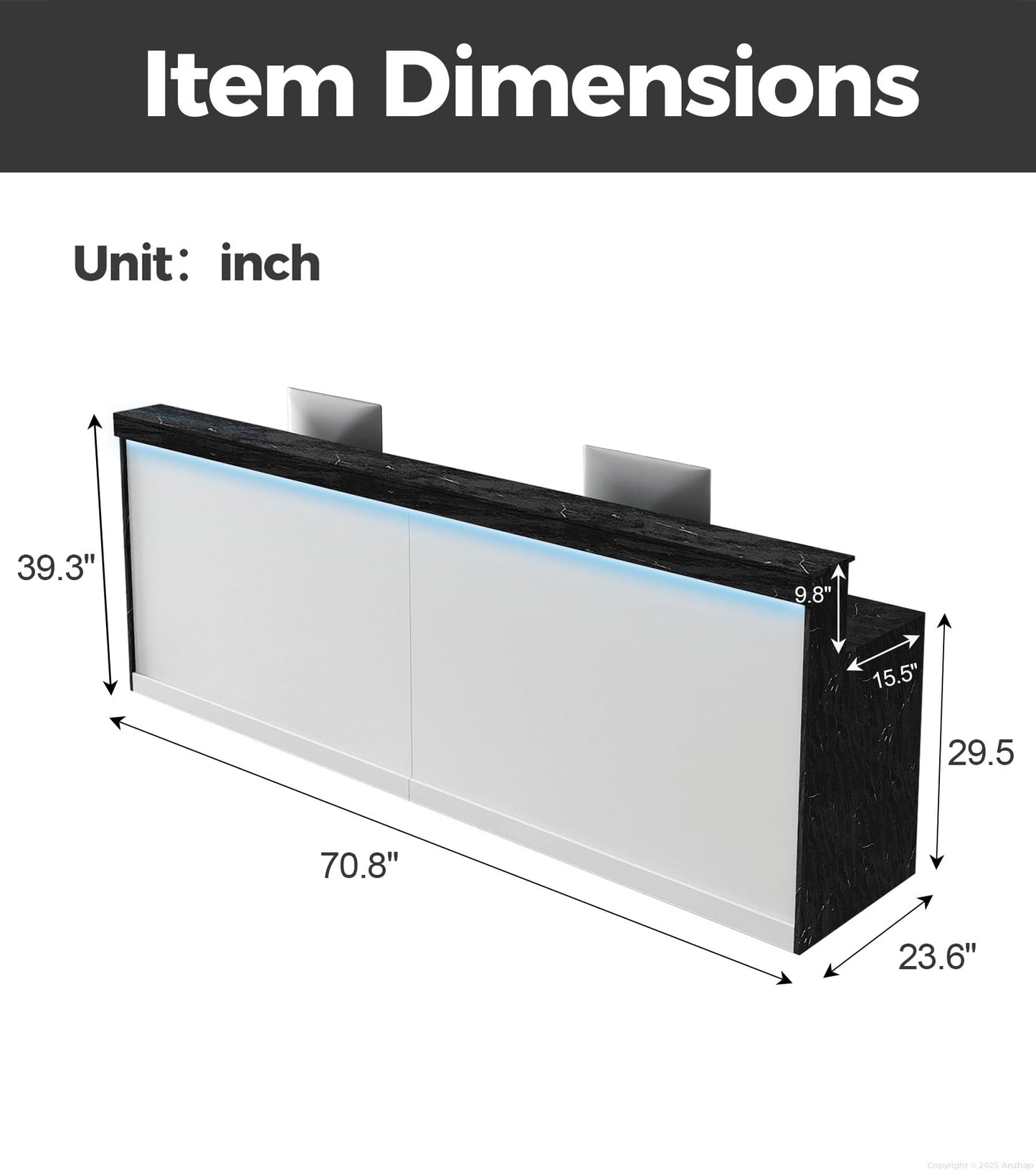 Anzhap 71" Reception Desk with LED Lights & Keyboard Tray, Front Desk Reception Counter with Lockable Drawer, Enclosed Cabinet & Cable Grommet for Office, Salon, Clinic, Lobby (Black Grain & White)