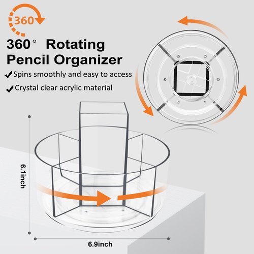Rotating Acrylic Pen Holder for Desk, 360 Degree Spinning Pencil Holder Pen Organizer, 5 Compartments Kids Marker Holder Crayon Caddy Art Supply Storage Box Desk Organizer for Office Home School