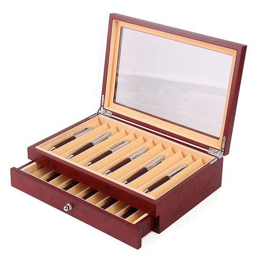 MYOYAY 2 Tier Wood Pen Display Box 23 Slot Pen Storage Organizer Box Luxury Fountain Pen Collector Case with Lid for Shop or Home, Red