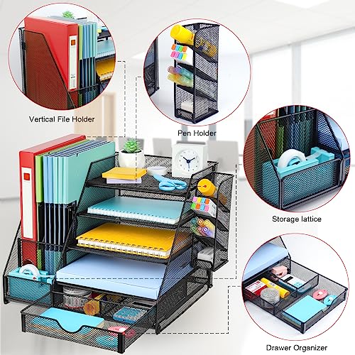 GALASALA Mesh Desk Organizer, 5 Tier Paper Letter Tray with Extra Vertical File Sorter, Sliding Drawer and Pen Holders for Desk Accessories Office Supplies, Black