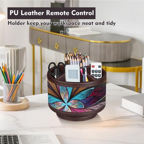 Rotating Pen Holder for Desk, Leather Pencil Pen Organizer Remote Control Holder Table Desktop Nightstand Organizer Caddy Storage, Office Desk Organizers And Accessories 5.5x5.5x4.0 Inch
