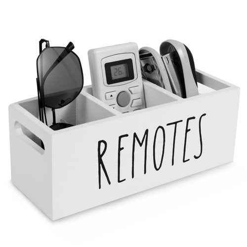 Remote Control Holder, Wooden TV Remote Holder for Table, 3-Compartments Bedside TV Controller Caddy, Wood Remote Organizer Box, Multi-functional Media Organizer Tray for Home Bedroom Nightstand