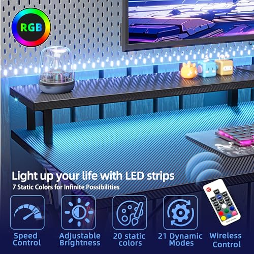 TIQLAB Gaming Desk with Power Outlets & LED 32 Inch Ergonomic Computer Carbon Fiber Surface Gamer Desk, Large Monitor Stand, Headphone Hook, PC Workstation for Bedroom, Black