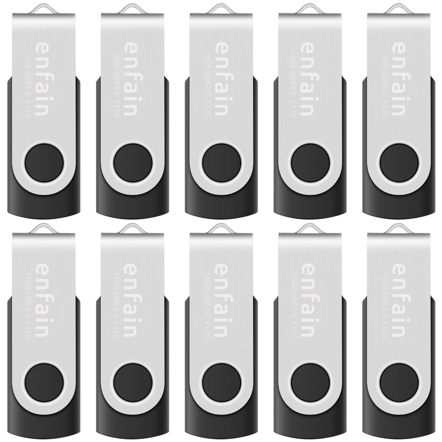 Enfain 16GB USB 2.0 Flash Drive 10 Pack | Swivel Thumb Drives with 31 Labels | Gift-Ready Packaging for Corporate Events, Office & Team Distributions (Black)