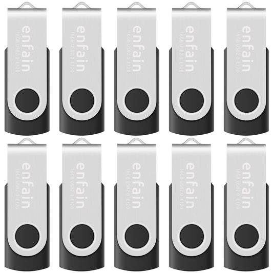 Enfain 16GB USB 2.0 Flash Drive 10 Pack | Swivel Thumb Drives with 31 Labels | Gift-Ready Packaging for Corporate Events, Office & Team Distributions (Black)