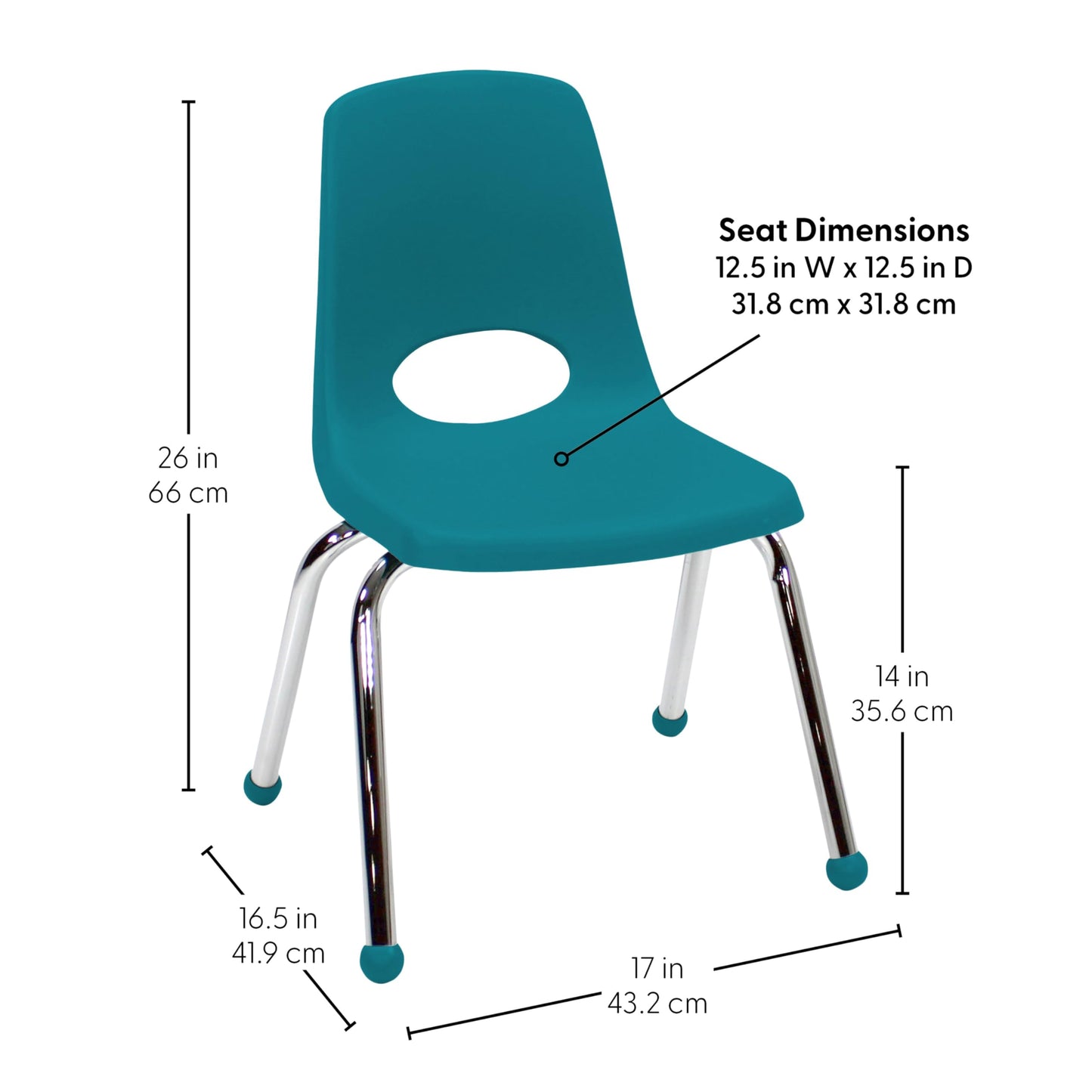 FDP 14" School Stack Chair,Stacking Student Seat with Chromed Steel Legs and Ball Glides for in-Home Learning or Classroom - Teal (6-Pack), 10363-TL
