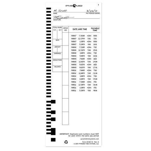 Pyramid Time System - Authentic Time Cards [44100-10PK3] for Pyramid 4000, 4000ProK, 4000HD, 5000 & 5000HD Series, Time Sheets for Auto Totaling Time Clocks (3.5 x 9 in) - 300 Time Cards - White