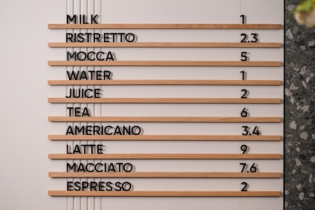 Inko Horeca Wooden Wall Menu Board - 10 Oiled Oak Rails + 400 Black Letters - Changeable Letter Shelf Display for Cafe, Restaurant & Home Decor
