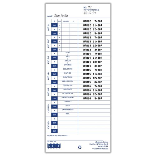 Nile Products - 200 Authorized Single Sided Time Cards for Pyramid Manual Side Print Timeclock and Document Stamp [ NP35100-PK2], Pyramid 35100-10 Compatible (4 W x 9 H Inches) - 200 Time Cards