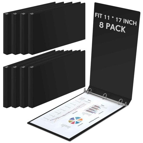 Humyoun 8 Pcs 11 x 17 Inch 3 Ring Binders 1 Inch Rings Heavy Duty View D Ring Binders Economy Holds 11" x 17" Paper for Artwork Blueprints, Office, Home, Work Places(Black)