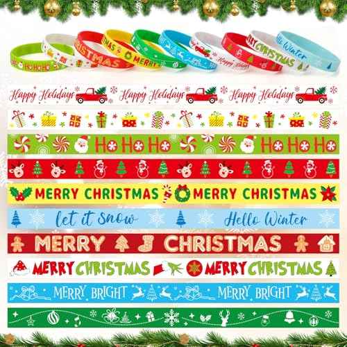 JUNEBRUSHS 120pcs Christmas Party Favors Silicone Bracelets Bulk Elk Xmas Tree Snowflake Pattern Rubber Wristbands for Christmas Winter Holiday Party Stuffers Fillers Decorations Supplies(10 Designs)
