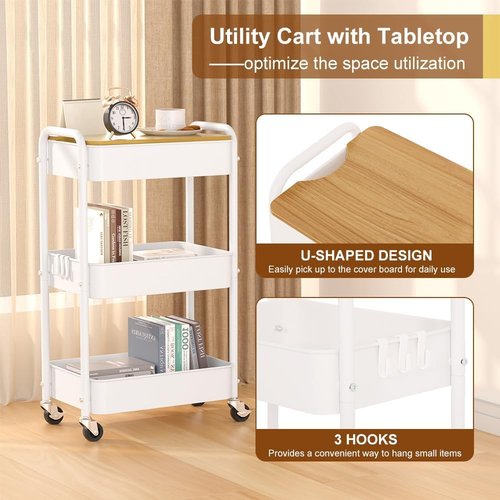 HIDODO 3 Tier Metal Utility Cart, Rolling Storage Cart with Wooden Tabletop, Metal Organizer Cart with Lockable Wheels for Office, Bedroom, Kitchen and Living Room (White)