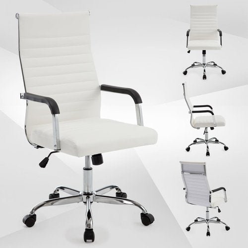 Haranuo Office Chair, Ergonomic Executive Conference Room Chairs, Ribbed Leather Desk Chair with Lumbar Support, Adjustable Height Mid-Back Swivel Chair (Square Tube Armrests, White)