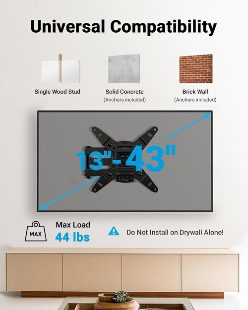 Pipishell Full Motion TV Wall Mount - Fits 13-43 Inch Flat & Curved Screens | Max VESA 200x200mm, 44lbs Capacity