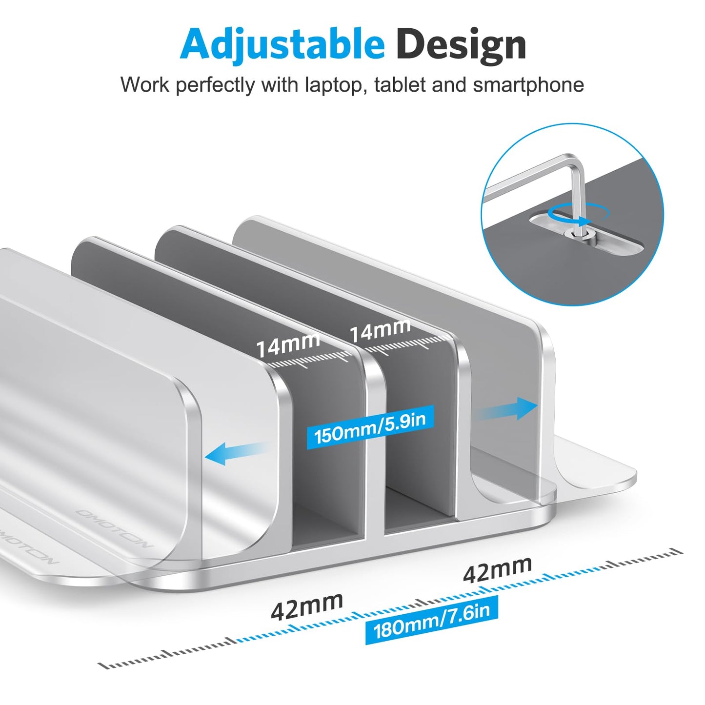 OMOTON Vertical Laptop Stand [Updated Double Version], Desktop Aluminum Mac Book Stand with Adjustable Dock Size, Fits All Mac Book, Surface, Chrome Book and Gaming Laptops (Up to 17.3 inch) (Silver)