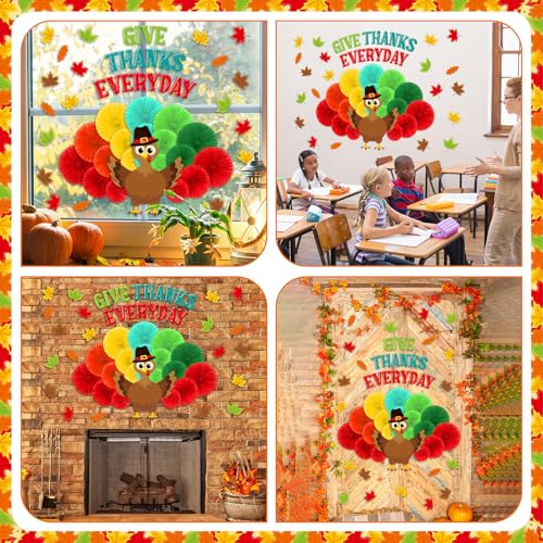 Pajean 65 Pcs Thanksgiving Classroom Decorations Thanksgiving Turkey Bulletin Board Set 3D Fall Turkey Classroom Decoration with Paper Fans for Thanksgiving Autumn Harvest School Chalkboard Wall Decor