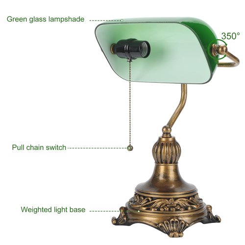 NISSAFORS Bankers Lamp with Pull Switch, Green Glass Desk Lamp with Retro Black/Gold Finish, Vintage Table Lamps for Living Room, Library, Piano(Green)