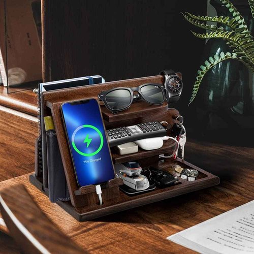 Gifts for Men Christmas, Wood Phone Docking Station, Mens Gifts for Birthday or Gifts for Dad Fathers Day, Desk Workspace Organizer Nightstand Organizer Key for Wallet & Watch Holder Husband Christmas