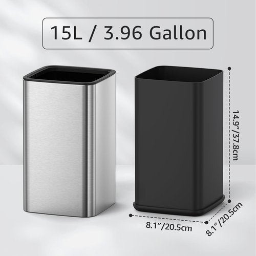 Mbillion 4 Gal/15L Open top Trash Can with Removable Inner Bucket Small Waste Basket, Metal Trash Can for Bathroom Office,Stainless Steel