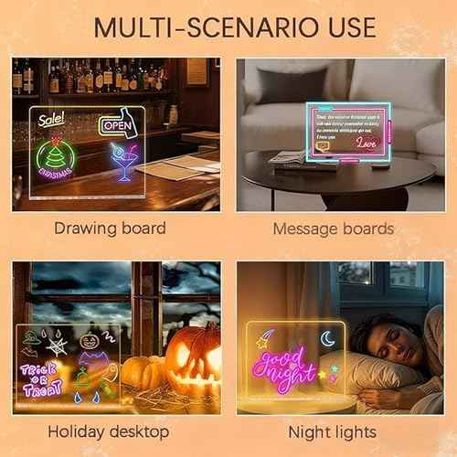 LED Note Board with Colors, Led Drawing Board, Light Up Acrylic Message Board,12" x 8" Light Up Clear Board, Acrylic Dry Erase Board with Light, Halloween and Christmas Gift, 7 Colors Pen