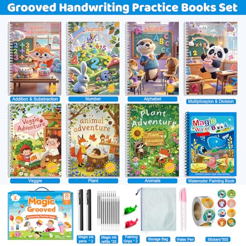 Magic Grooved Writing Practice for Kids 3-8, Reuable Grooved Handwriting Practice for Kids with 2 Pens & 20 Refills + Watercolor Book with Water Pen, Large Writing Practice Book (8 Books)