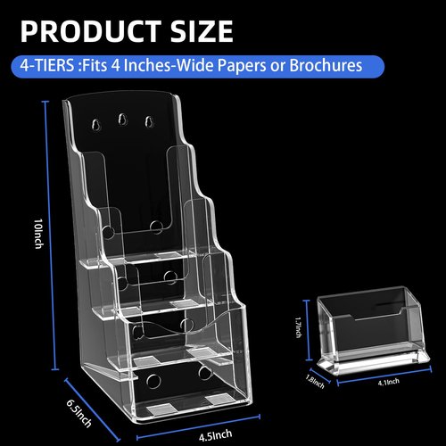 4 Pcs Acrylic Brochure Holder, 4 x9 Inches Flyer Holder, 4 Tier Clear Pamphlet Holder, Magazine Literature Organizer Holder, Brochure Display Stand, for Wall Mount or Desktop Use
